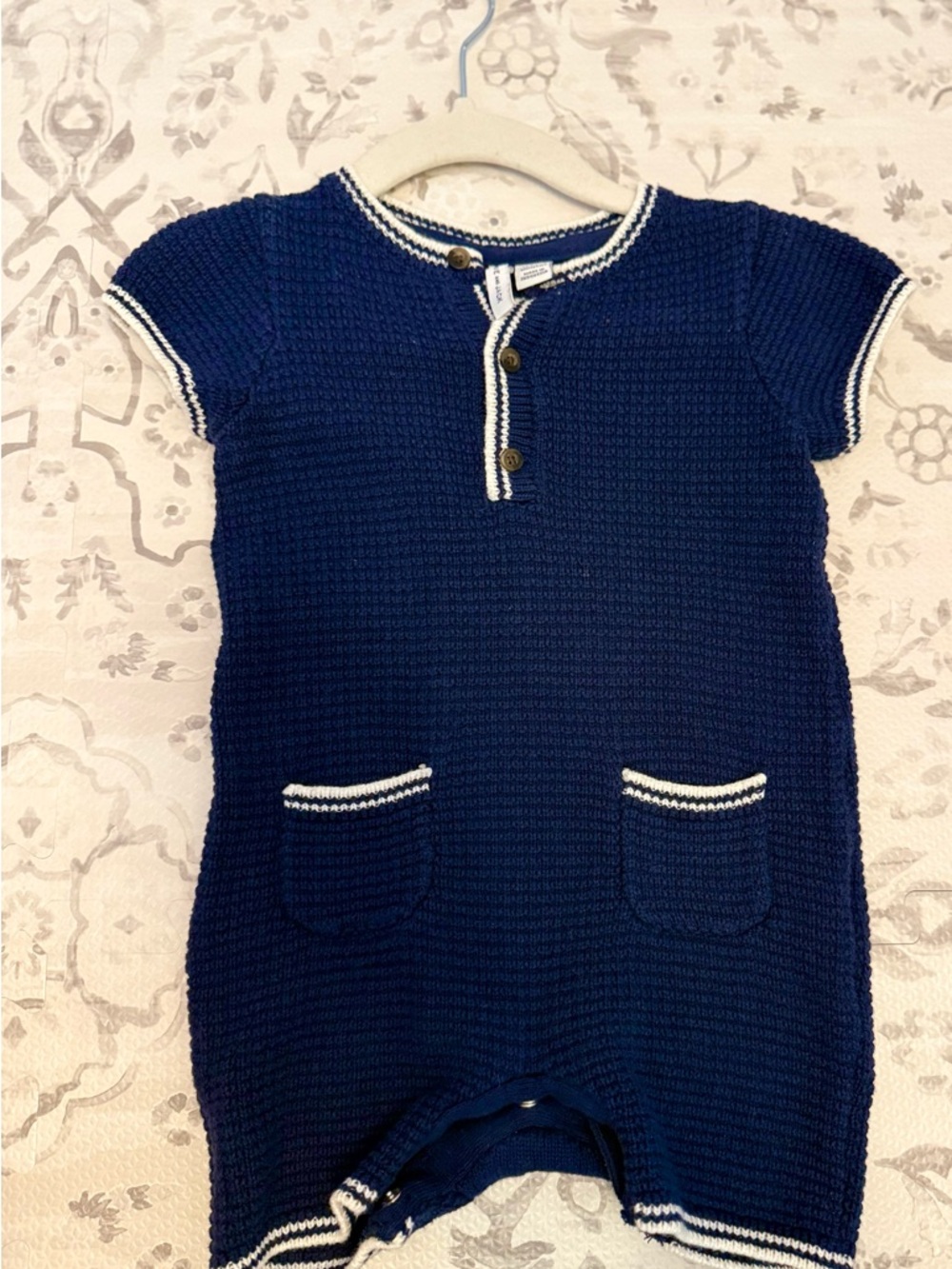 Janie and Jack Navy Blue Knit One-Piece with White Trim
